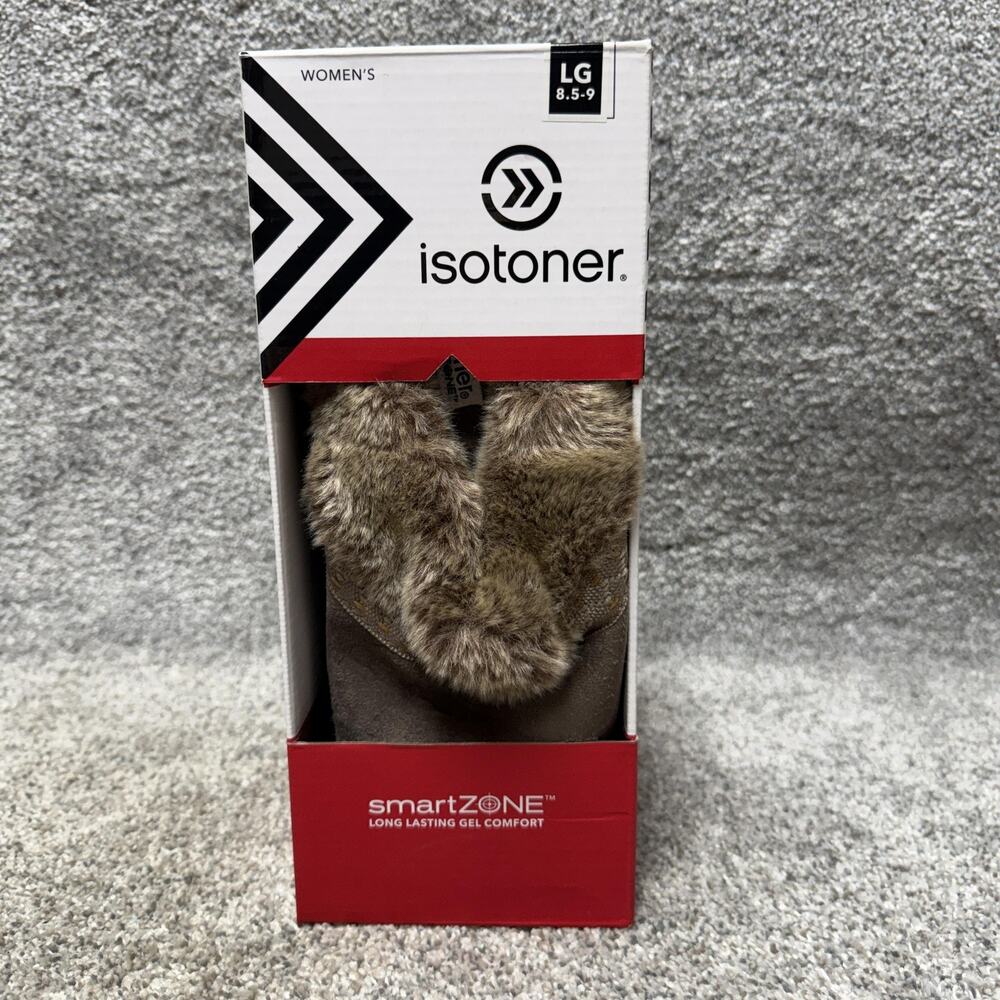 Isotoner Slippers Womens 9 Brown Faux Suede Fur Cuff SmartZONE Gel Indoor Cozy